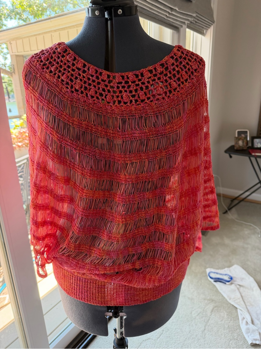 Fever Open-Weave Off-the-Shoulder Crocheted Neck Sweater in Red